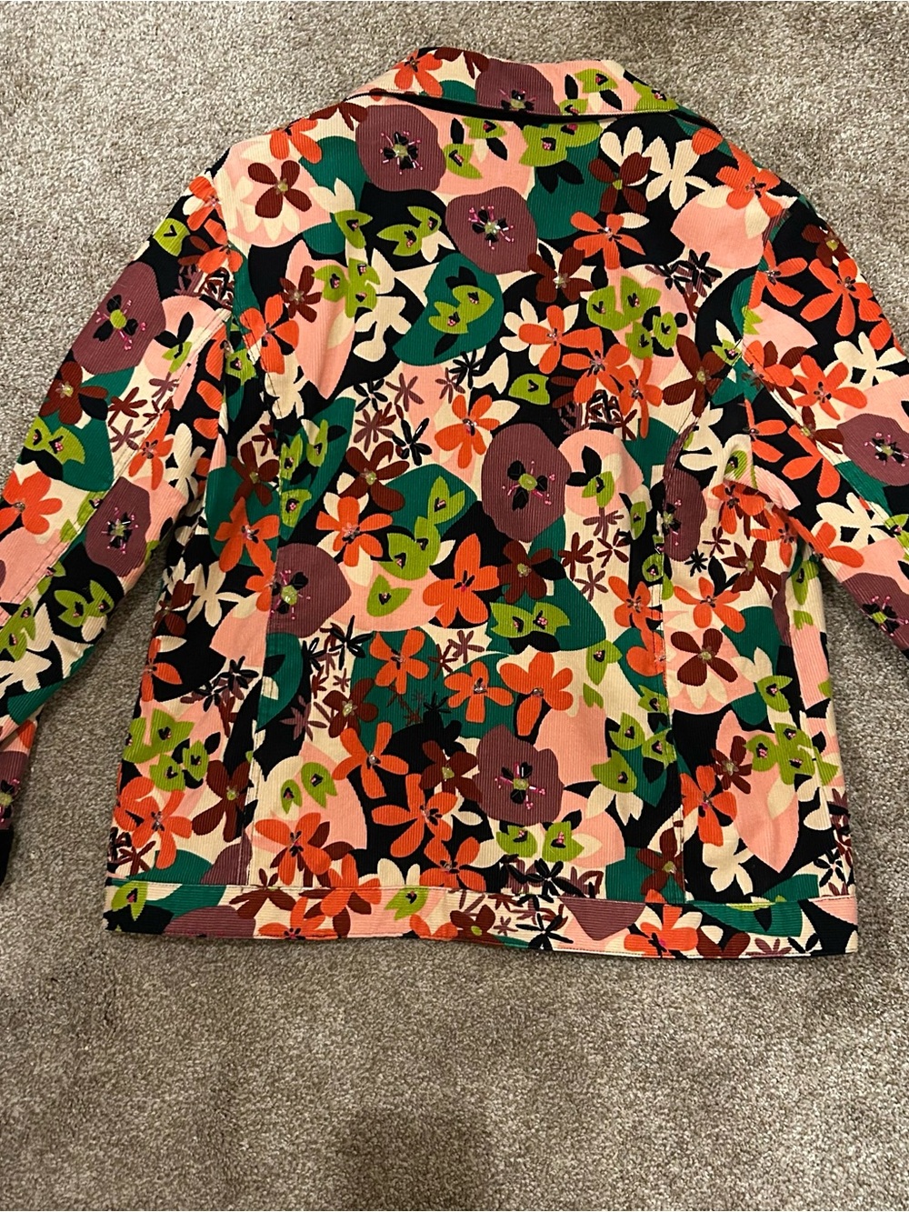 Red Jacket Multicolor Floral Corduroy Jean Jacket - Red, Green, Pink, Cream, - Picture 8 of 9